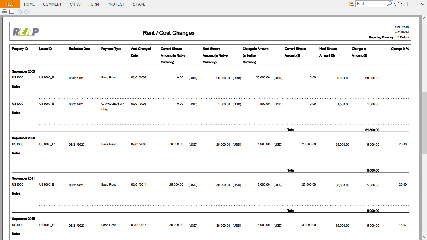 Rent/cost changes pdf report view