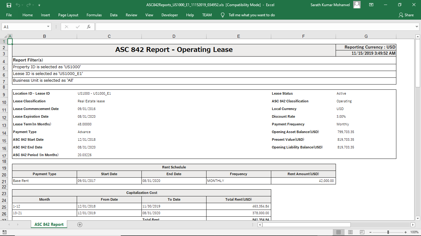ASC 842 excel report view